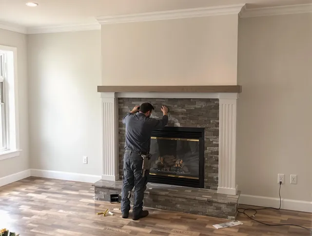 Long Beach Chimney Sweep finishing a custom fireplace install in Long Beach, CA